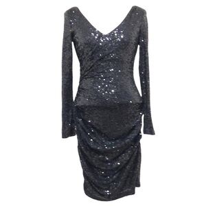 Badgley Mischka Cocktail Dress Size Small Black Sequin Ruched Bodycon